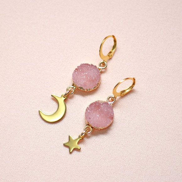 Moon & Star Pink Resin Cuff Stainless Steel Earrings - Picture 1 of 5